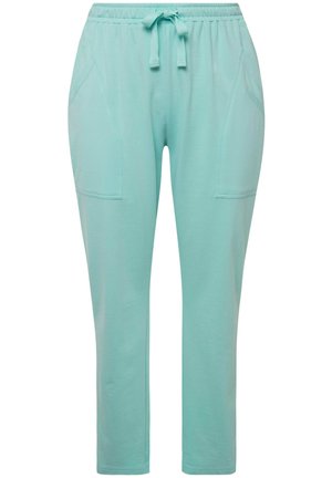 Světle tyrkysové kalhoty s elastickým pasem na šňůrku, bočními kapsami a jemnou, hladkou texturou. Rovný střih.