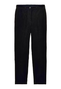 Melnas kordurojās bikses ar taisnu kāju griezumu, priekšpusē ar pogu aizdari un smalku tekstūru. Nav redzamu rakstu vai akcentu.