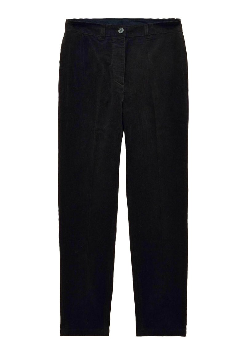 Melnas kordurojās bikses ar taisnu kāju griezumu, priekšpusē ar pogu aizdari un smalku tekstūru. Nav redzamu rakstu vai akcentu.