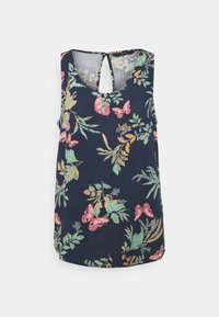 Top floreale senza maniche in tessuto blu navy con farfalle rosa e foglie verdi. Presenta una scollatura a chiave sul retro e un orlo arrotondato.
