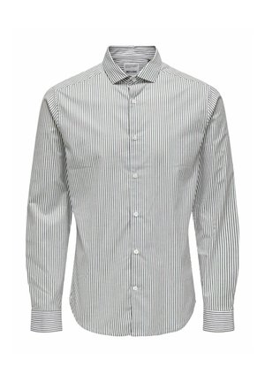 Camisa de botones a rayas con mangas largas. Presenta estrechas rayas verticales azules y blancas, un collar puntiagudo y cierre frontal de botones. Material mezcla de algodón.