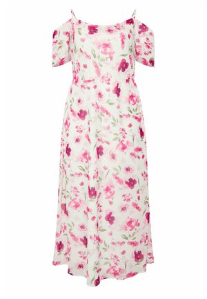 Hvid skulderfri kjole med tynde stropper, med pink og røde blomsterprint og et flagrende, mellemlangt skørt.