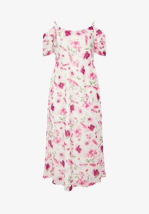 Hvid skulderfri kjole med tynde stropper, med pink og røde blomsterprint og et flagrende, mellemlangt skørt.