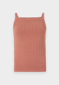 Ribbed tank top in soft terracotta fabric, featuring thin shoulder straps, a straight neckline, and a fitted silhouette.