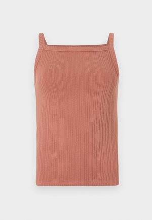 Débardeur côtelé en tissu terracotta doux, avec des fines bretelles, un décolleté droit et une silhouette ajustée.