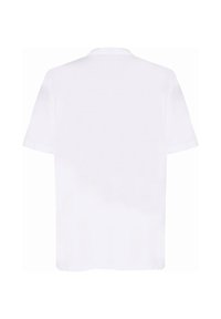 Biała bawełniana koszulka, krótki rękaw, okrągły dekolt, gładki wzór, luźny krój, brak widocznych znaków towarowych lub wzorów z tyłu.