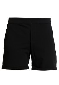 Zwarte shorts van gladde stof, met een vlakke voorkant, opgerolde omslagen en een rechte snit. Geen zichtbare zakken of versieringen.