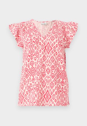 īsām piedurknēm, v-veida kakla izgriezuma tops no viegla auduma ar rozā un baltām rombu modeļiem. Rūtainās piedurknes piešķir tekstūru; brīvs piegriezums.