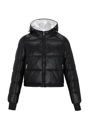 Schwarze, cropped Steppjacke mit glänzender Außenseite, silberner Innenauskleidung, Reißverschluss und gerippten Ärmelabschlüssen. Verfügt über zwei Seitentaschen.