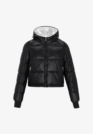 Schwarze, cropped Steppjacke mit glänzender Außenseite, silberner Innenauskleidung, Reißverschluss und gerippten Ärmelabschlüssen. Verfügt über zwei Seitentaschen.