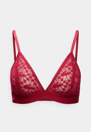 Κόκκινο δαντελένιο σουτιέν bralette με λουλουδάτο μοτίβο, ρυθμιζόμενες λεπτές τιράντες και φάρδια ελαστική ζώνη κάτω με διακριτικό κείμενο του εμπορικού σήματος.