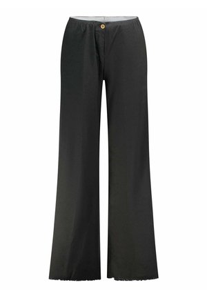 Pantalon noir à jambes larges avec taille élastique, un bouton beige et des détails d’ourlet brut, présenté sur fond blanc.