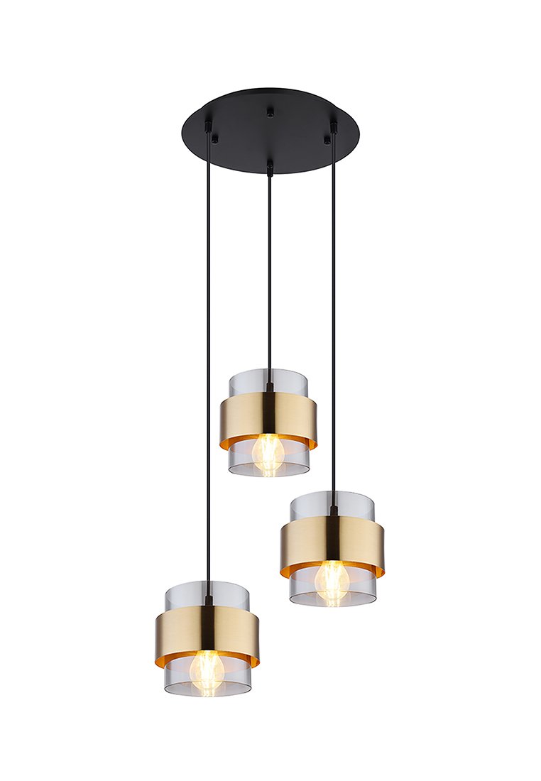 Pendelleuchte mit drei zylindrischen Schirmen. Jeder Schirm hat einen goldenen Rand und eine transparente Oberseite. Schwarze Kabel verbinden sich mit einer runden Deckenblende.