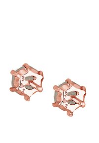 Boucles d'oreilles en or rose en forme de clou avec un design de couronne détaillé, présentant une surface texturée et des accents polis. Fabriquées en métal avec des embellissements soignés.