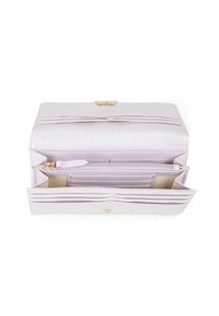 Light purple wallet made of smooth leather, featuring multiple compartments, a gold clasp, and a subtle embossed logo on the front.