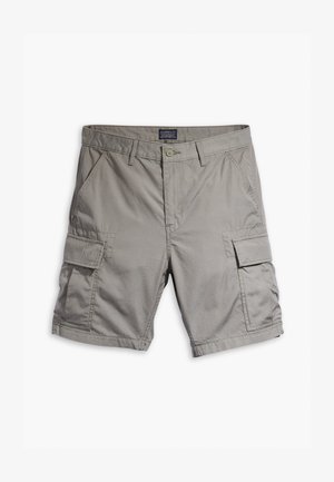 Pantaloni cargo grigi con due tasche laterali e due tasche cargo. Realizzati in tessuto resistente, con chiusura a bottone e passanti per cintura.