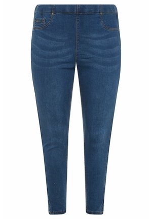 Skinny jeans in donkerblauwe denim met een soepele textuur, vijf-pocket ontwerp en contrasterende gele stiksels langs de naden en zakken.