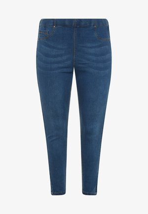 Schlank Jeans aus dunkelblauem Denim mit glatter Textur, Fünf-Taschen-Design und kontrastierenden gelben Nähten entlang der Nähte und Taschen.