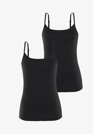 Two black tank tops made from stretchy fabric. They feature thin adjustable straps and a fitted design without patterns or embellishments.