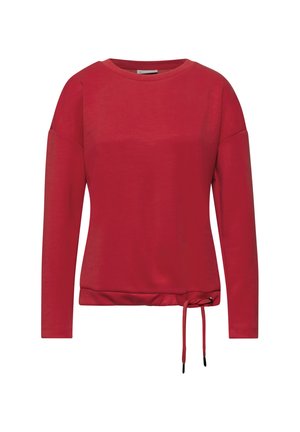 Roter langärmeliger Sweatshirt mit rundem Ausschnitt und verstellbarem Kordelzug am unteren Saum.