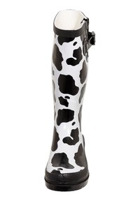 Black and white cow-patterned rubber rain boot with a round toe, textured black sole, and buckle detail on the upper side.