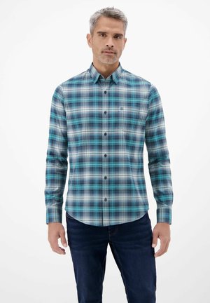 Herren Langarmhemd mit Karomuster in Teal, Schwarz und Weiß, mit Button-Down-Kragen, Brusttasche und verstellbaren Manschetten.