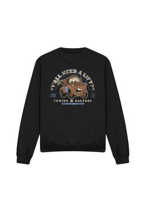 Black crewneck sweatshirt with a cartoon tow truck and the text "Y'all Need a Lift? Towing & Salvage Radiator Springs."