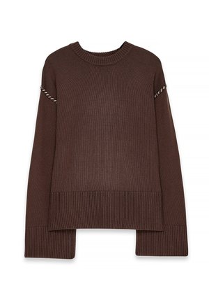 Brązowy sweter z dzianiny z okrągłym dekoltem, długimi rękawami i ściągaczami. Ciekawym detalem jest srebrna nitka wzdłuż ramienia.