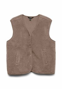 Brown fleece vest with a v-neckline, front buttons, and two side pockets. Soft texture and sleeveless design.