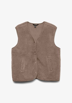 Brūna vilnas veste ar V-veida kakla izgriezumu, priekšējām pogām un divām sānu kabatām. Mīksta tekstūra un bez piedurknēm.