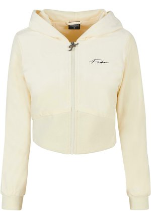 Kurzer Hoodie aus hellgelbem Fleece mit Reißverschluss, verstellbarem Kapuzenrand und gesticktem Logo auf der Brust. Gerippte Bündchen und Saum.