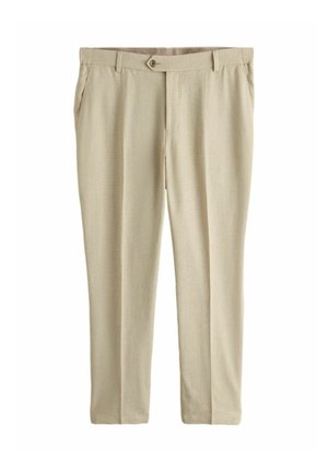 Beige men's formal trousers with belt loops, front button closure, side pockets, and slim straight legs.