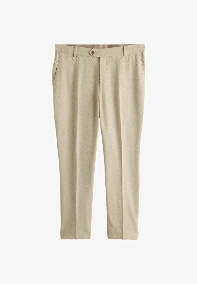 Pantalon habillé beige pour homme avec passants de ceinture, fermeture avant par bouton, poches latérales et jambes droites slim.