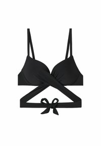 Svart bikinitopp med tunna justerbara band, tvinnad framdesign och knytdetalj bak. Slät tygtextur.
