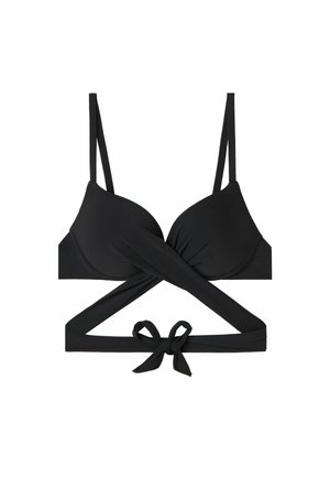 Schwarzer Bikini-Oberteil mit dünnen, verstellbaren Trägern, gedrehtem Vorderdesign und gebundenem Detail auf der Rückseite. Glatte Stofftextur.