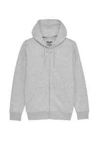 Felpa grigia con zip, cappuccio regolabile con cordino, tasche frontali, polsini e orlo a costine. Realizzata in morbido tessuto misto cotone testurizzato.