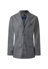 Blazer grigio a righe con taschino sul petto, rever a falde e quattro bottoni frontali. Realizzato in tessuto testurizzato.