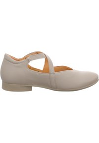 Hellegraue Leder-Schuhe mit runder Zehenform, niedrigem Blockabsatz und Ausschnittdesign an den Seiten. Glatte Oberfläche und minimale Nähdetails.