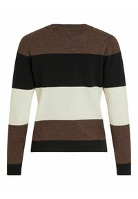 Randig tröja med horisontella band i brunt, svart och kräm. Mjuk textur med en klassisk rund hals och långa ärmar.