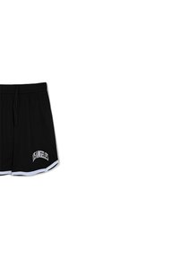 Pantaloni corti sportivi neri con texture in rete, dotati di un bordo bianco all'orlo e con la parola "LOS ANGELES" ricamata in bianco sul davanti.