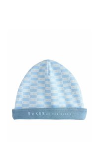 Svetlomodrá detská čiapka so vzorom kocky a textom „Baker by Ted Baker“ na leme.