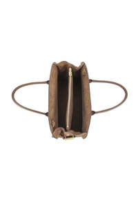 Borsa a mano in pelle marrone con una texture morbida, tasca interna con zip e due manici. L'interno è di un marrone scuro con una finitura liscia.