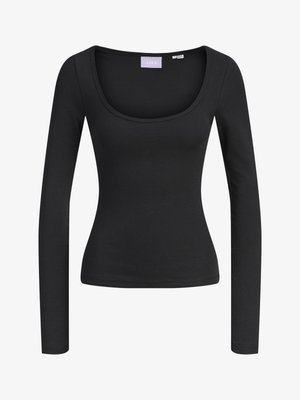 Chemise noire moulante à manches longues avec encolure dégagée, en tissu extensible, taille indiquée comme petite.