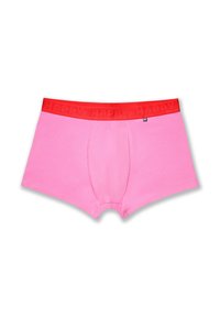 Pink cotton boxer briefs with a red elastic waistband featuring the word "HAPPY" embossed, offering a smooth texture and snug fit.