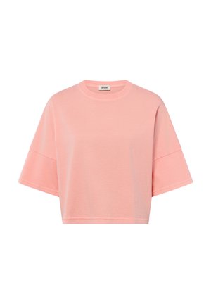 Pinkes kurzärmeliges, kurz geschnittenes T-Shirt mit weiten Ärmeln und rundem Ausschnitt, dargestellt vor weißem Hintergrund.