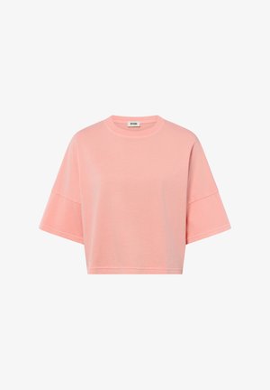 Pinkes kurzärmeliges, kurz geschnittenes T-Shirt mit weiten Ärmeln und rundem Ausschnitt, dargestellt vor weißem Hintergrund.