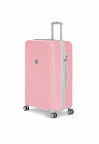 Hard-shell pink suitcase with hexagonal pattern, silver zipper, retractable handle, and four multidirectional wheels for mobility.