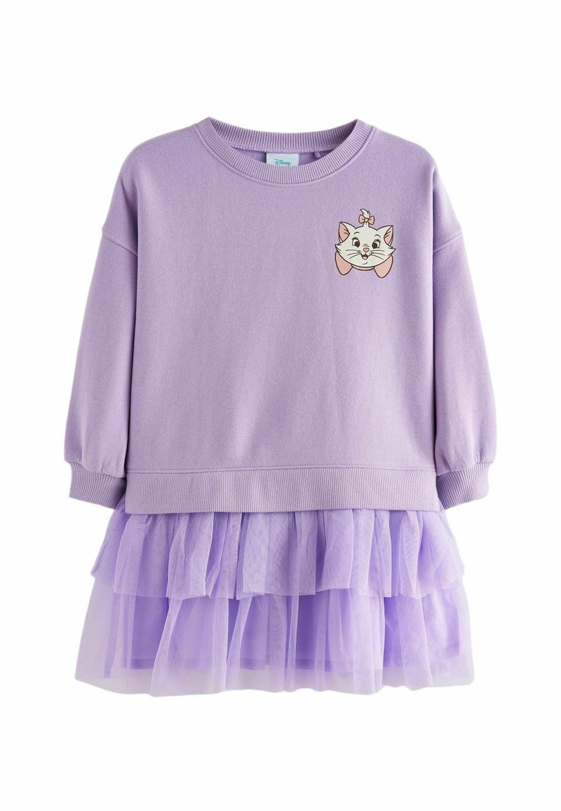 Robe lilas à manches longues avec jupe en tulle superposée et petit visage de chat de dessin animé avec une fleur sur la poitrine.