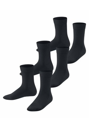 Schwarze Baumwollsocken im Paket mit sechs Paaren. Gerippte Bündchen, nahtlose Zehen und eine glatte Textur. Mittlere Knöchelhöhe.