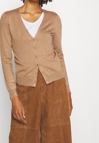 Lichtbruine cardigan met een V-hals, lange mouwen en een knopenrij aan de voorkant. Zachte textuur, geribbelde manchetten en zoom, gedragen over een witte top en bruine broek.
